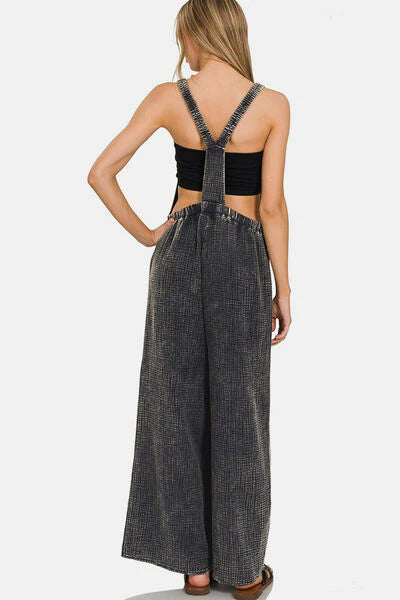 Let's Get Lost Washed Double Gauze Elastic Waist Wide Overalls