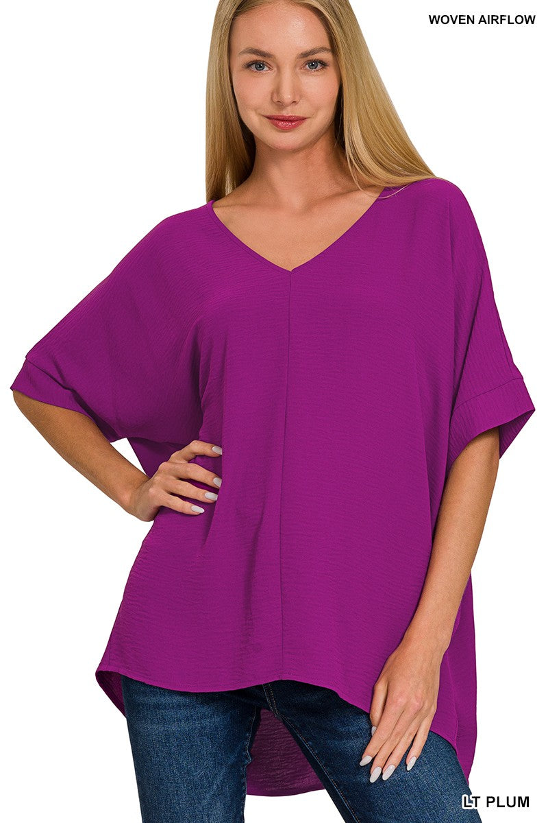 Cross My Heart Woven Airflow V-Neck Plum Top