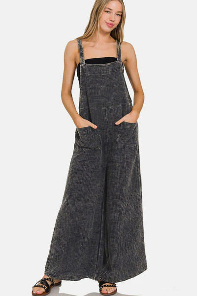 Let's Get Lost Washed Double Gauze Elastic Waist Wide Overalls